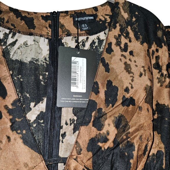 PrettyLittleThing Brown & Black Animal Print Mini Dress With Puff Sleeves & Tier - Picture 6 of 6